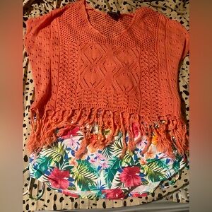 Coral Crochet Fringe Swim Cover-Up Top & Tropical Swim Skirt Bottoms Swimwear